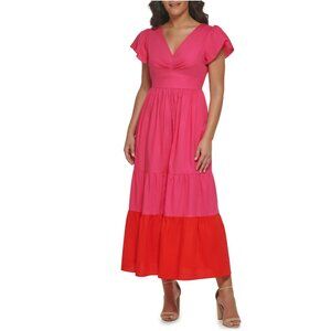 Kensie Ruffle Sleeve Colorblock Cotton Maxi Dress NWOT